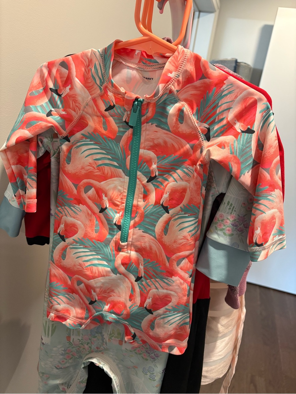 Old Navy Coral and Teal Flamingo Long Sleeve Rashguard with Teal Zip